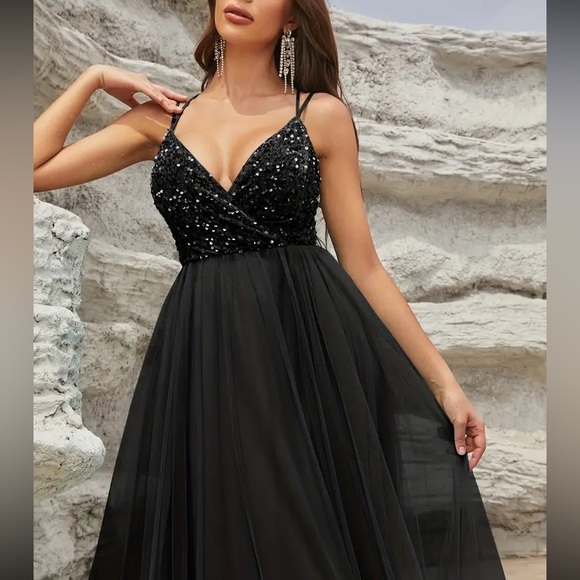 Luxe lace up back mesh sequins bodice party formal prom wedding gown dress - Picture 14 of 16